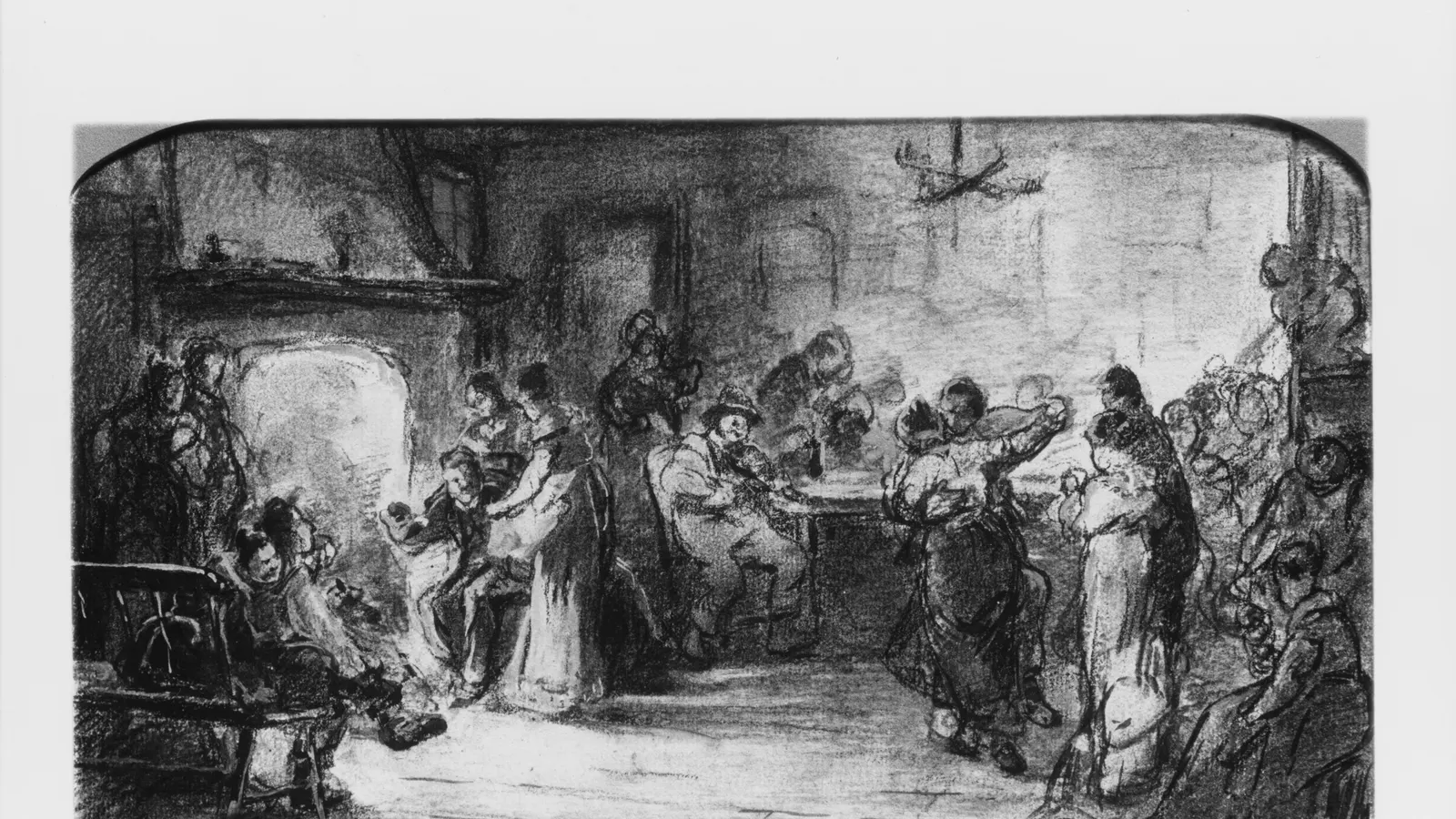 Dessin au fusain d'une danse de village près d'une cheminée, avec un violoneux assis à une table